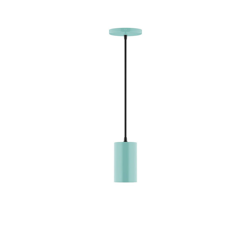 Sea green LED pendant light with cylindrical shade and black cord
