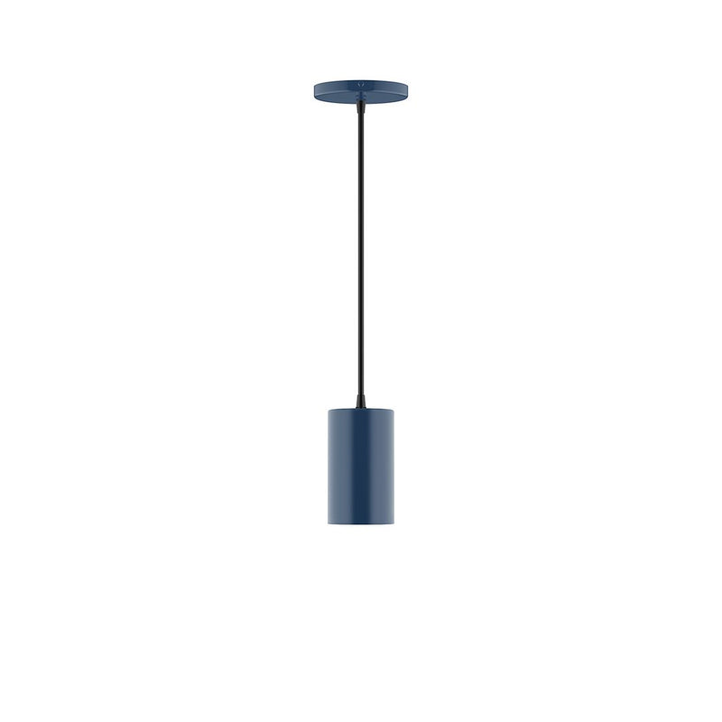 Navy LED pendant light with cylindrical shade and straight hanging cord