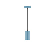 Light blue LED pendant with cylindrical shade, black cord, and round ceiling canopy
