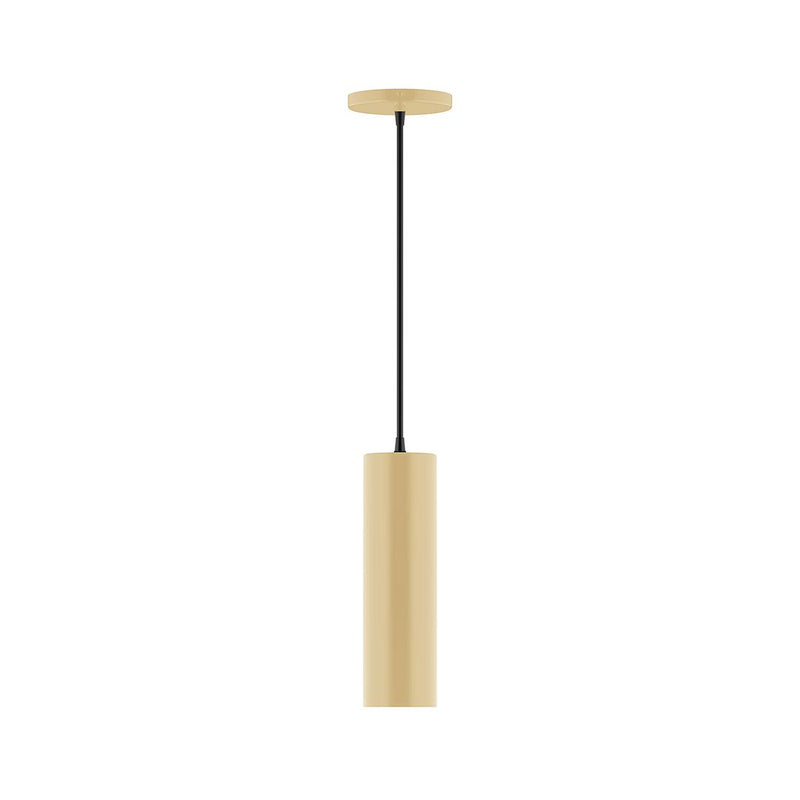 Ivory cylindrical LED pendant light with black cord and round ceiling canopy