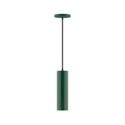 Forest green LED pendant with slim cylinder shade and hanging rod