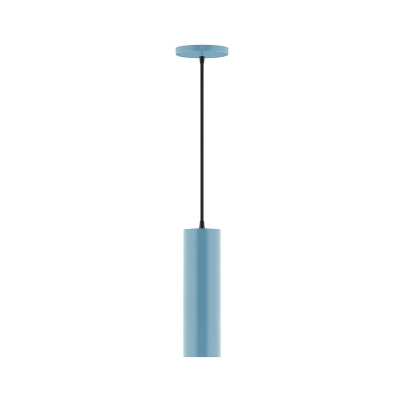 Light blue cylindrical pendant light with black cord and ceiling canopy