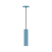 Light blue LED pendant with cylindrical shade and black hanging cord