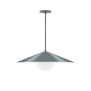 Slate gray pendant light with glass globe and wide bell shade, hanging by black cord.