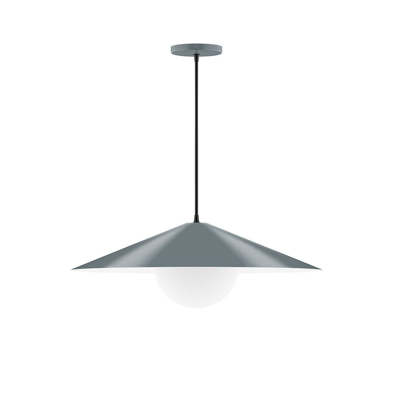 Slate gray pendant light with glass globe and wide bell shade, hanging by black cord.
