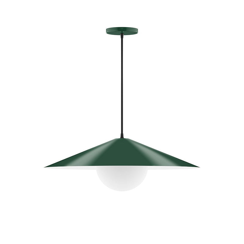 Forest green pendant lamp with glass globe and wide sloped shade