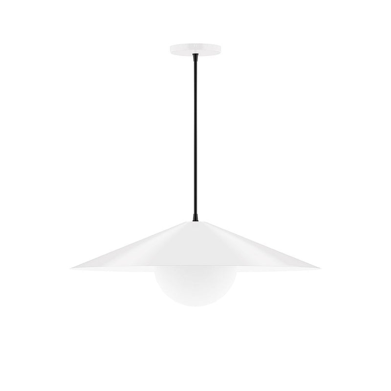 White glass globe pendant light with flared shade and black hanging stem