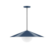 Navy pendant light with frosted glass globe and wide bell shade
