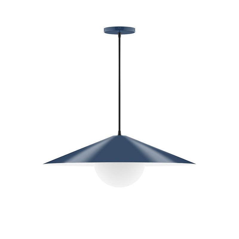 Navy pendant light with frosted glass globe and wide bell shade
