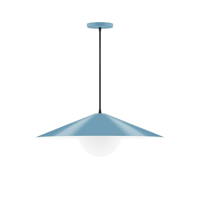 24-inch pendant light with light blue fabric shade and frosted glass globe