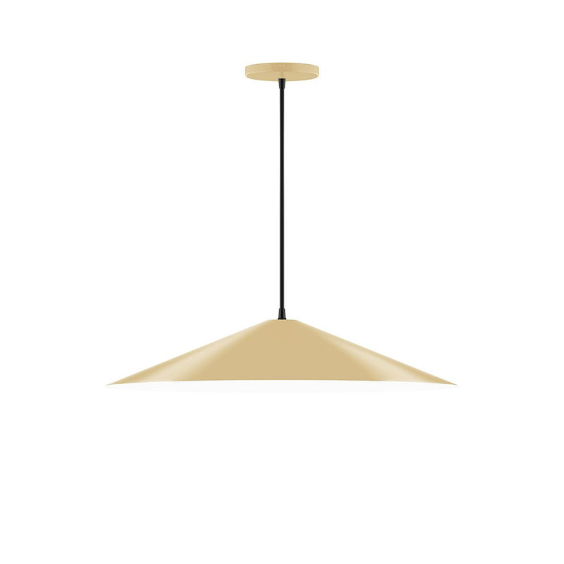 Ivory bell-shade pendant with black downrod and round ceiling canopy