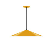 Bright yellow cone pendant light with black stem and matching yellow ceiling canopy