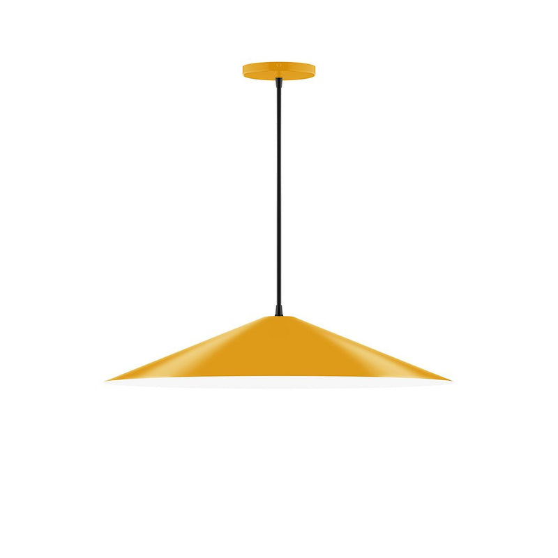 Bright yellow cone pendant light with black stem and matching yellow ceiling canopy