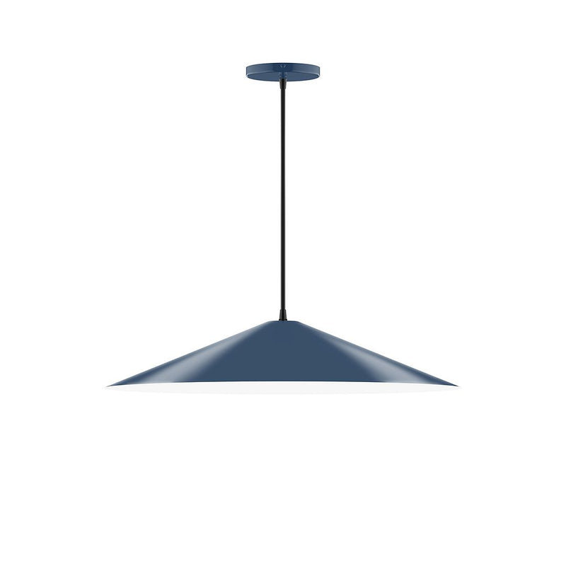 Navy 24-inch LED pendant light with flared dome shade and hanging stem