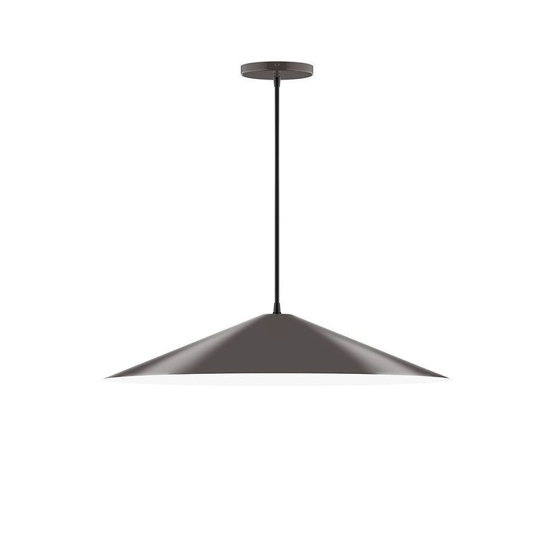 Architectural bronze pendant lamp with wide bell-shaped shade and hanging cord