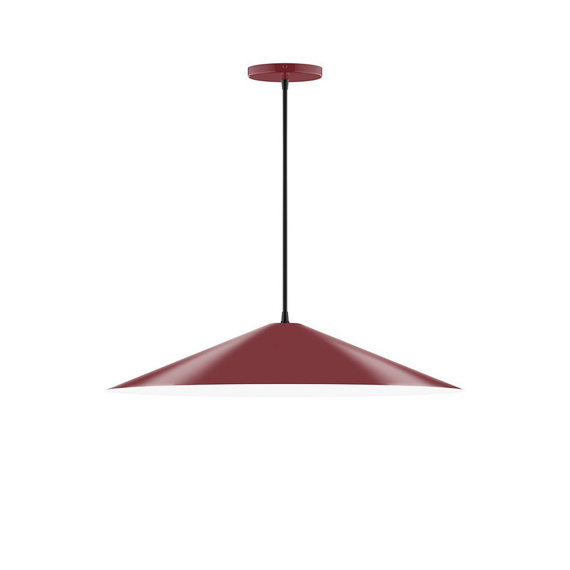 Barn red LED pendant with bell-shaped shade, black cord, round ceiling canopy