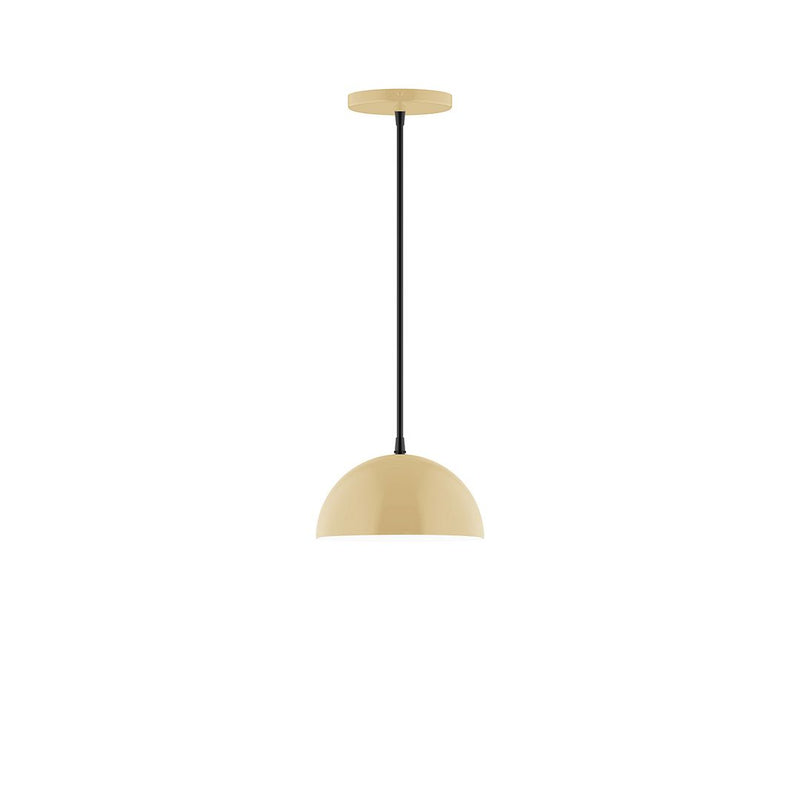 Ivory dome LED pendant with black cord and round ceiling canopy.
