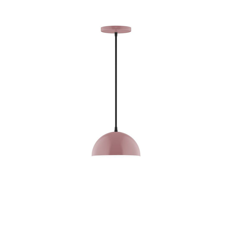 Mauve LED pendant light with dome shade and black cord and canopy
