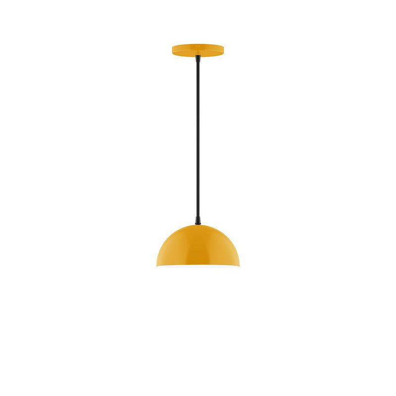 Bright yellow dome LED pendant with hanging cord and round ceiling canopy
