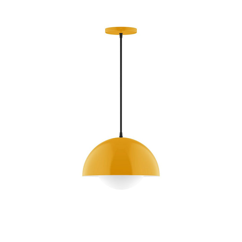Bright yellow pendant lamp with glass globe shade and black hanging cord