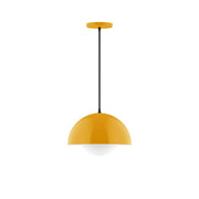 Bright yellow pendant light with glass globe and black cord, dome shade top