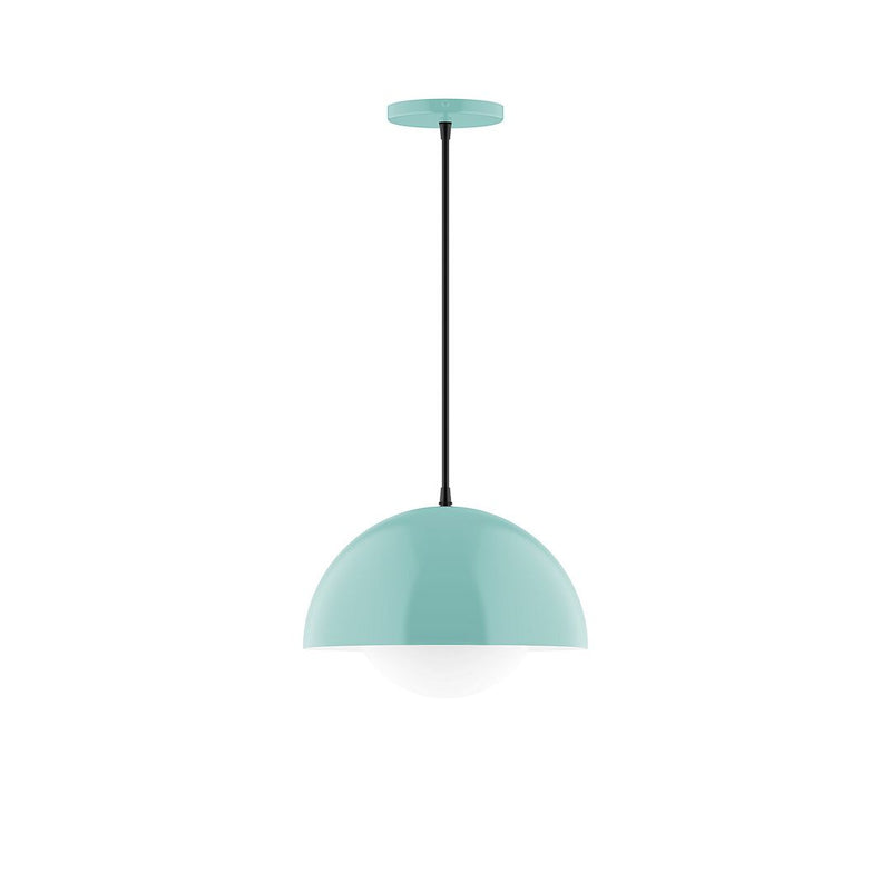 Sea green glass globe pendant light with dark cord and top canopy