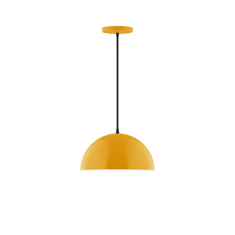 Bright yellow dome pendant with black cord and round ceiling canopy