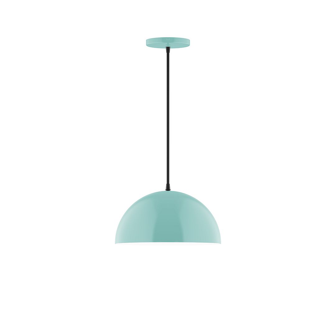 Sea green dome pendant shade with black stem and ceiling canopy
