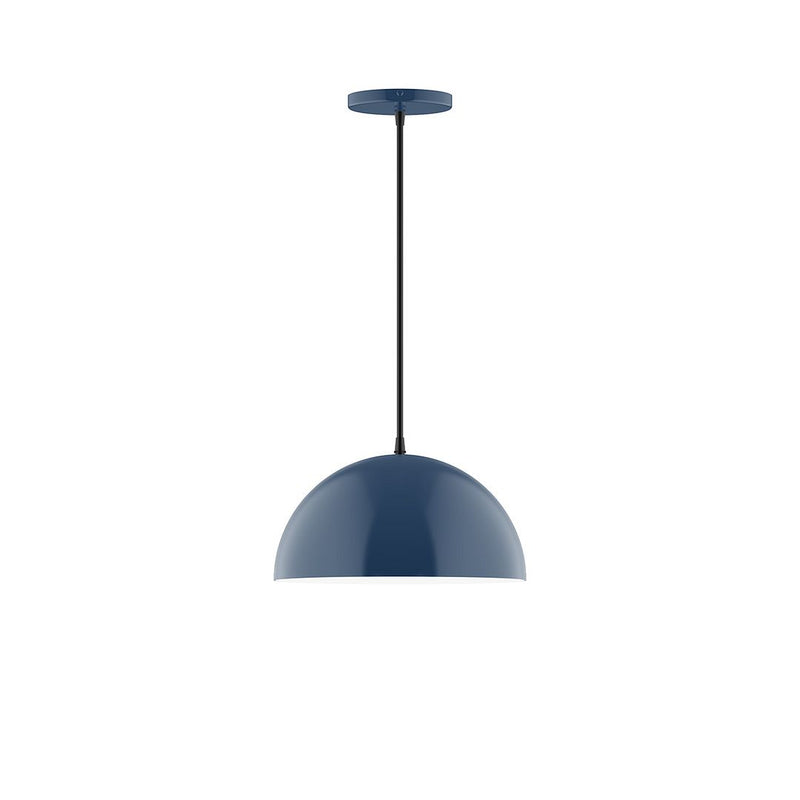 Navy dome pendant light with short stem and circular ceiling canopy