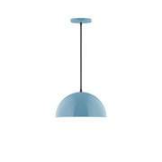 Light blue dome LED pendant light with black cord and round ceiling canopy