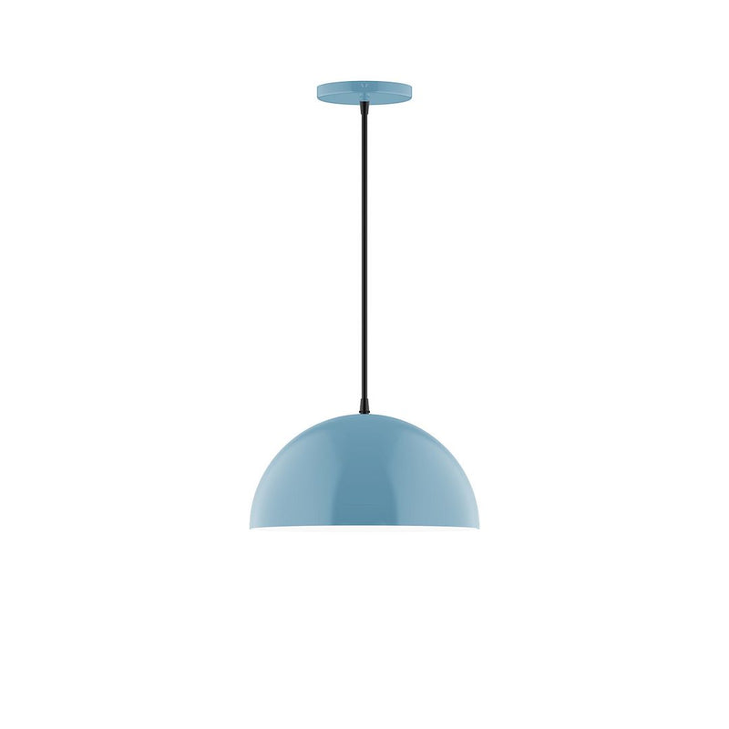 Light blue LED pendant lamp with domed shade and hanging cord, 12 in size