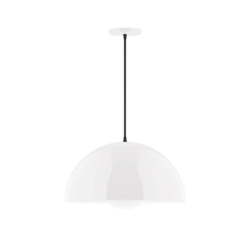 White glass globe pendant light with black hanging cord and round canopy