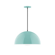 Sea green glass globe pendant light with straight black cord and ceiling canopy