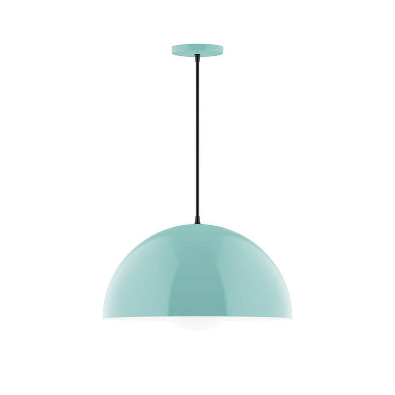 Sea green glass globe pendant light with straight black cord and ceiling canopy