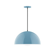 Light blue glass globe pendant with black cord and round ceiling canopy