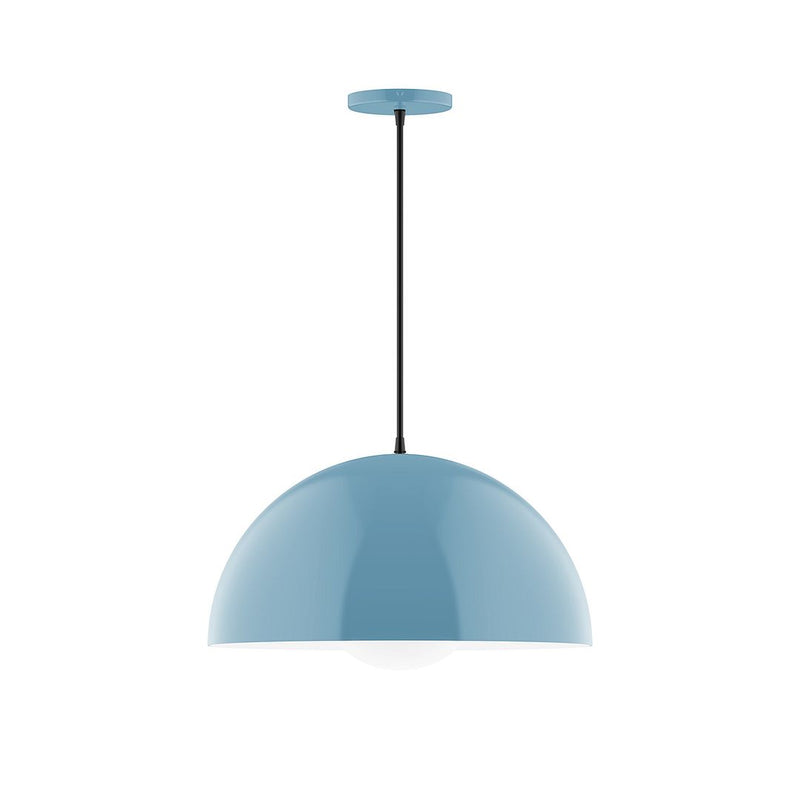 Light blue glass globe pendant with black cord and round ceiling canopy