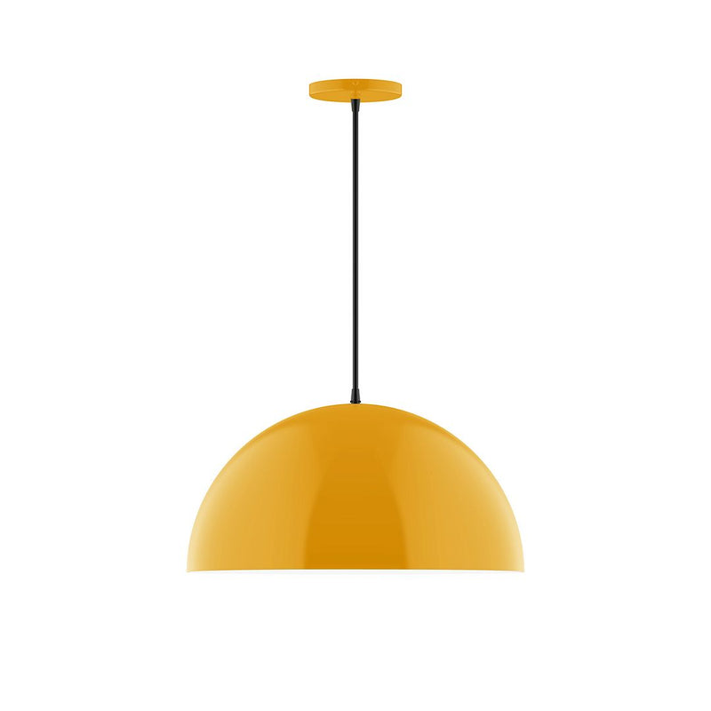 Bright yellow dome pendant light with black cord and ceiling cap
