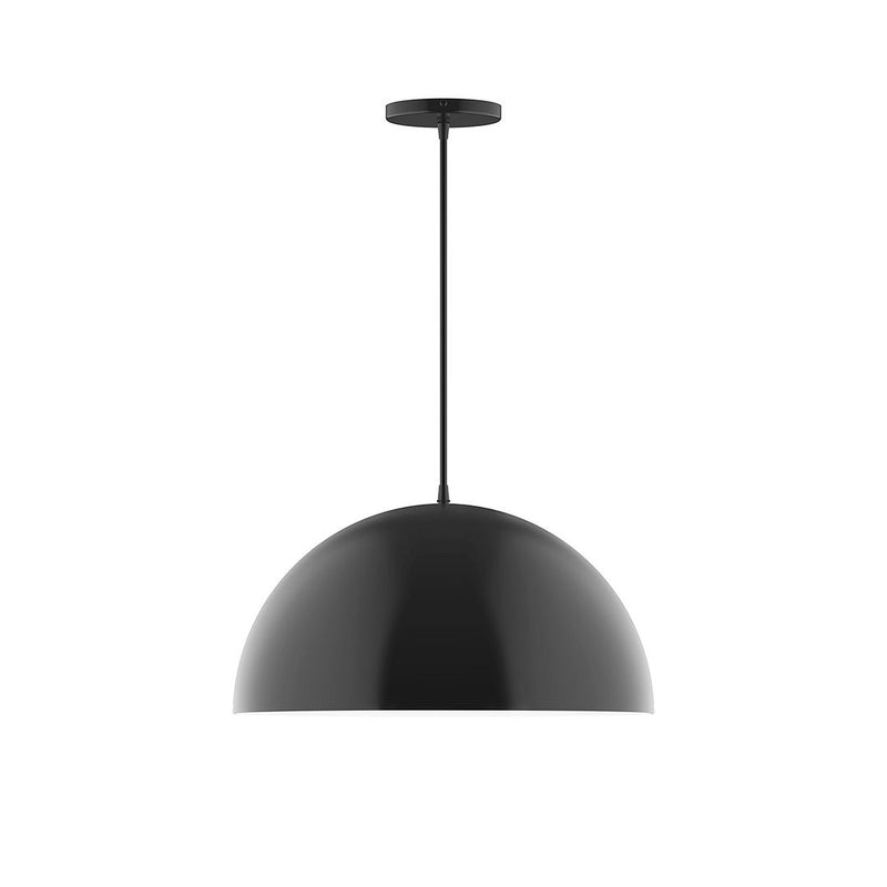 Arcade LED pendant light with black dome shade and straight hanging stem