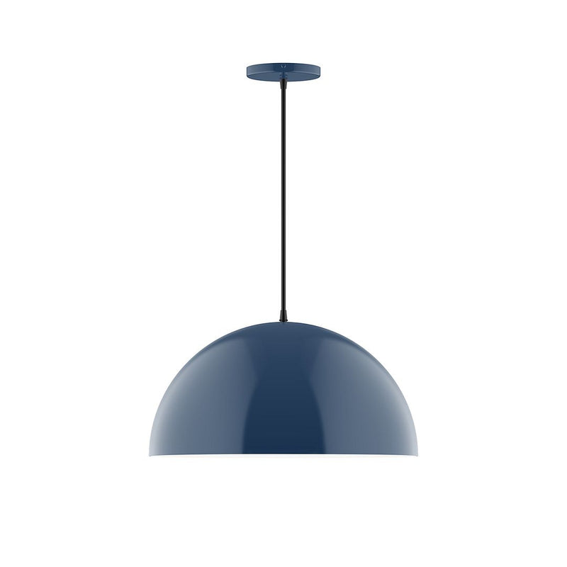 Navy dome pendant light with a straight stem and round ceiling canopy