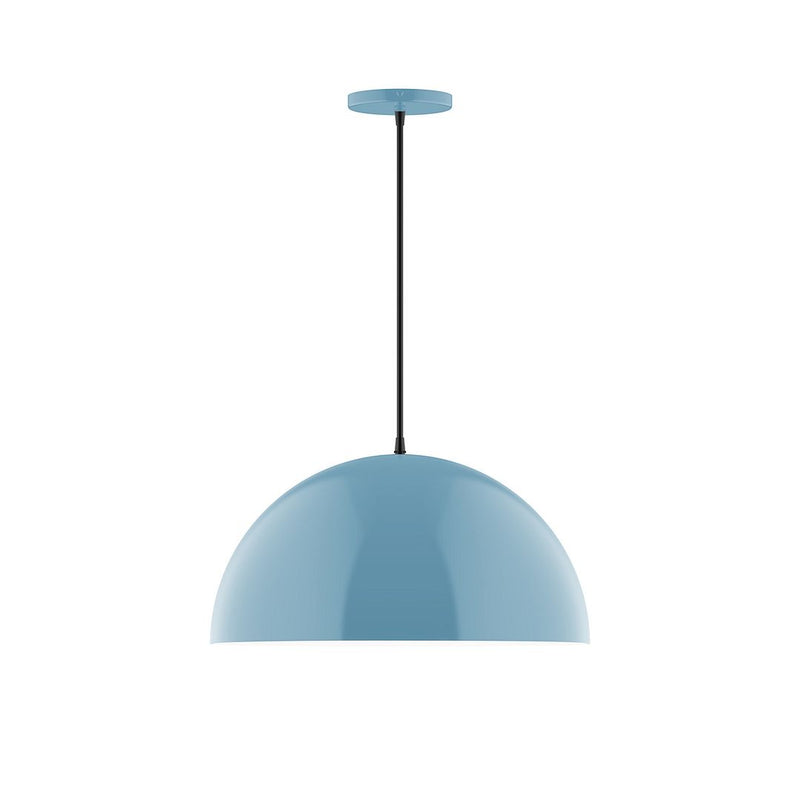 Light blue dome pendant light with black stem and round ceiling canopy.