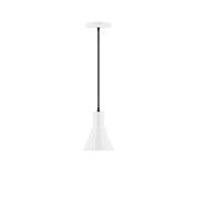 LED pendant light with white bell shade and black cord, 6 in flare