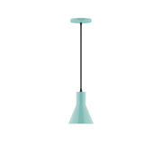 Sea green flare pendant with black cord and round ceiling canopy