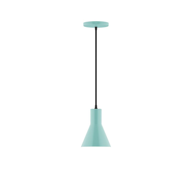 Sea green flare pendant with black cord and round ceiling canopy