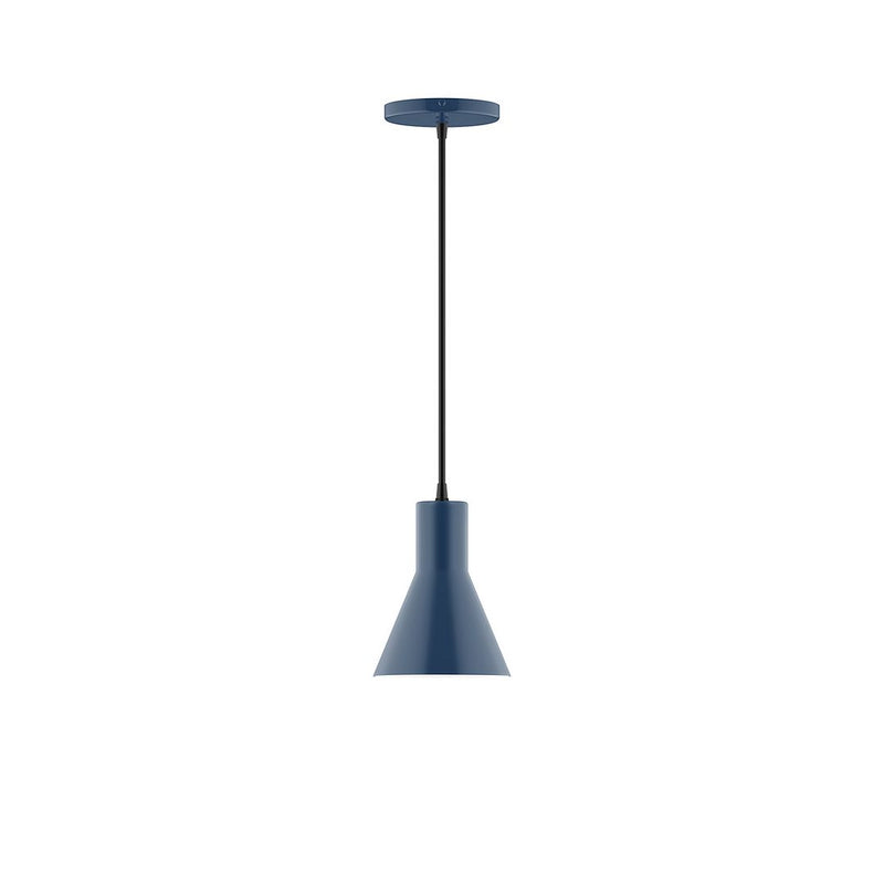 Navy flare pendant light with tapered shade and round ceiling canopy
