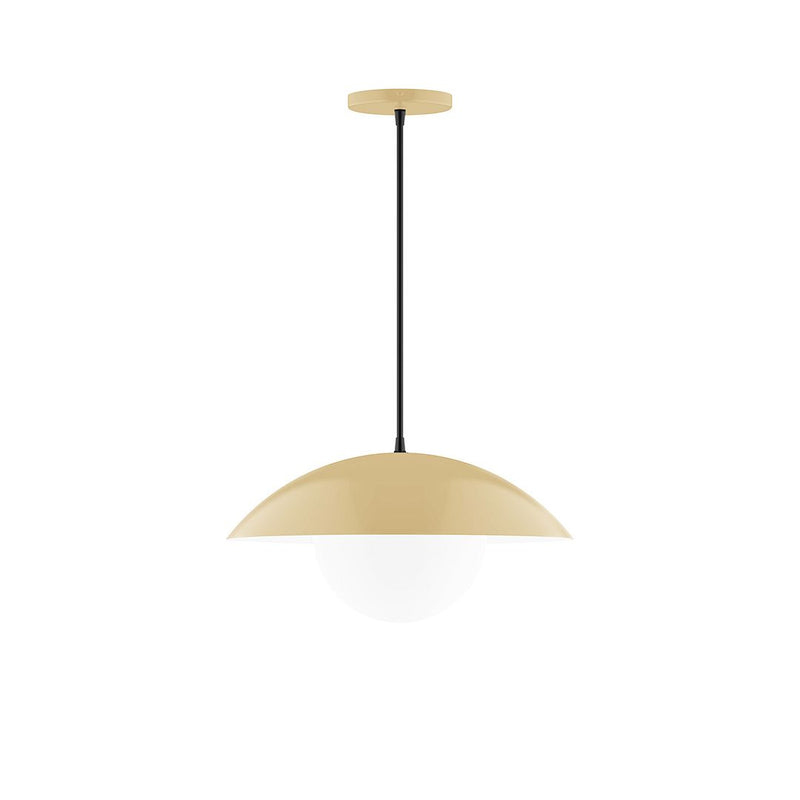 Ivory pendant light with frosted glass dome globe and black hanging rod, 16 in