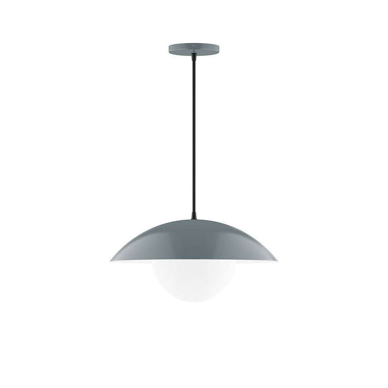 Slate gray pendant light with frosted glass globe and wide dome shade