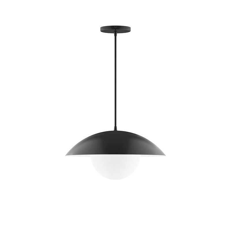 Black pendant light with frosted glass globe shade, 16-inch dome