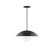 Black pendant light with glass globe and wide dome shade