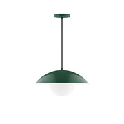 Forest green pendant lamp with domed metal shade and white glass globe
