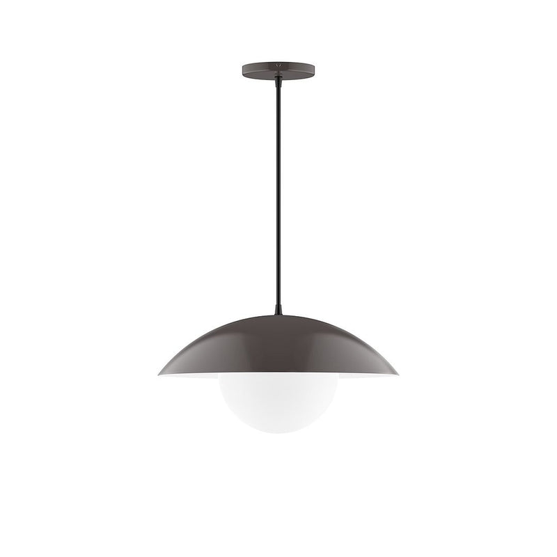 Architectural bronze pendant light with frosted glass globe and dome shade